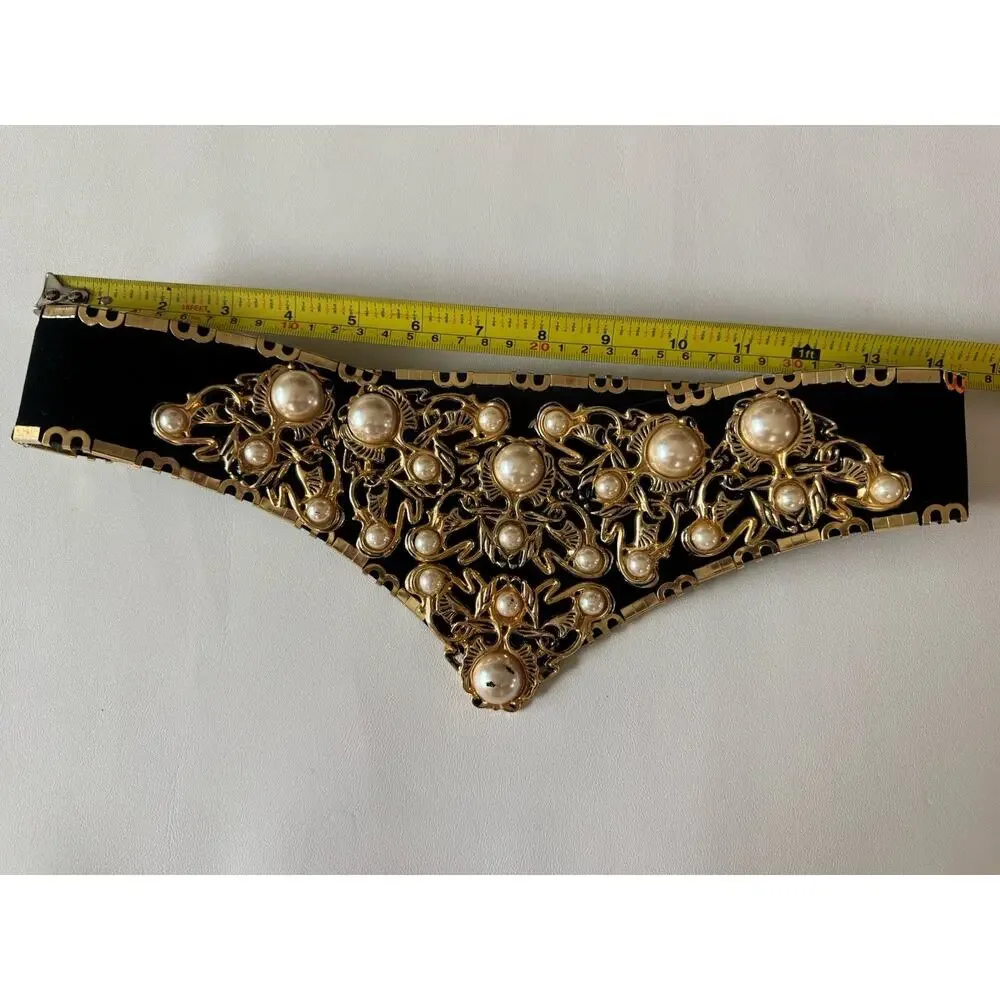 Vintage Baroque Faux Pearl Corset Belt Gold Filigree Black Velvet Maximalist